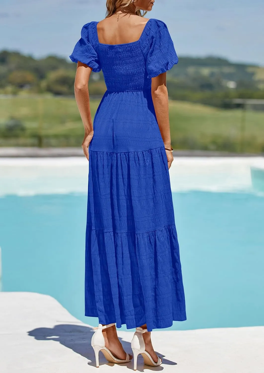 PRETTYGARDEN Womens Summer Puff Short Sleeve Maxi Dress Square Neck Smocked Tiered Ruffle A Line Long Flowy Beach Dresses