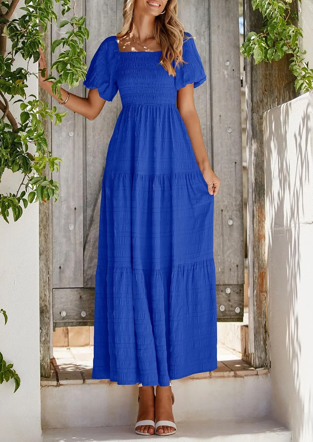PRETTYGARDEN Womens Summer Puff Short Sleeve Maxi Dress Square Neck Smocked Tiered Ruffle A Line Long Flowy Beach Dresses