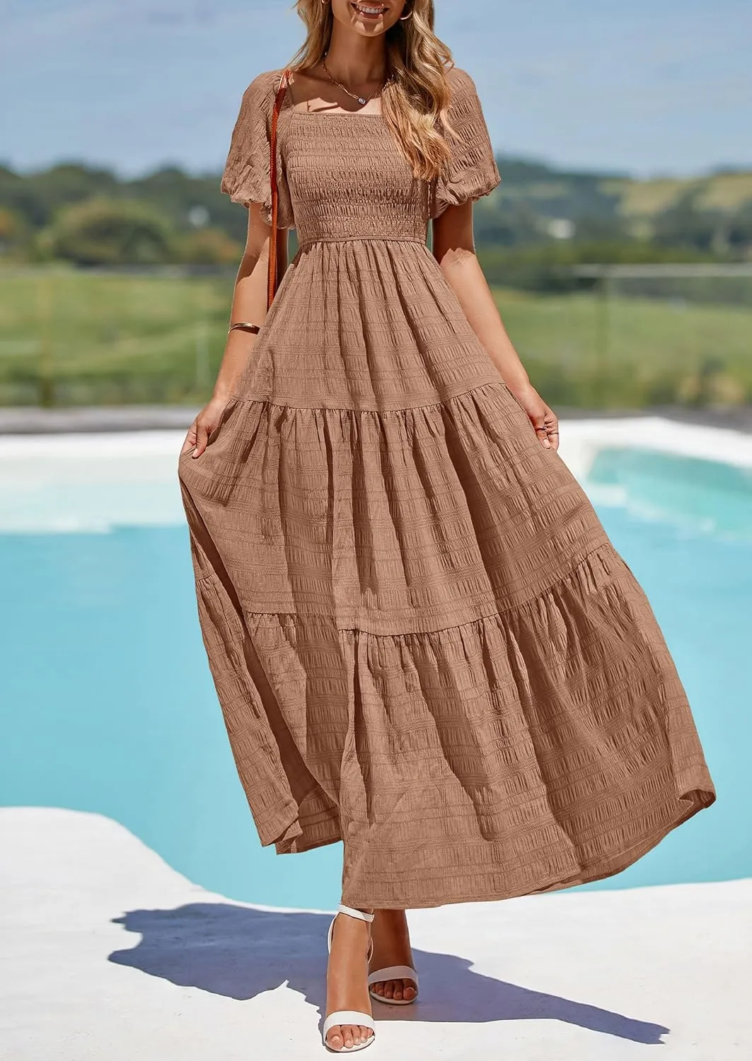 PRETTYGARDEN Womens Summer Puff Short Sleeve Maxi Dress Square Neck Smocked Tiered Ruffle A Line Long Flowy Beach Dresses