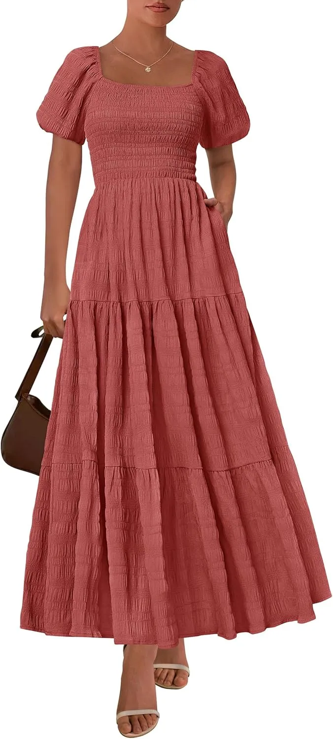 PRETTYGARDEN Womens Summer Puff Short Sleeve Maxi Dress Square Neck Smocked Tiered Ruffle A Line Long Flowy Beach Dresses