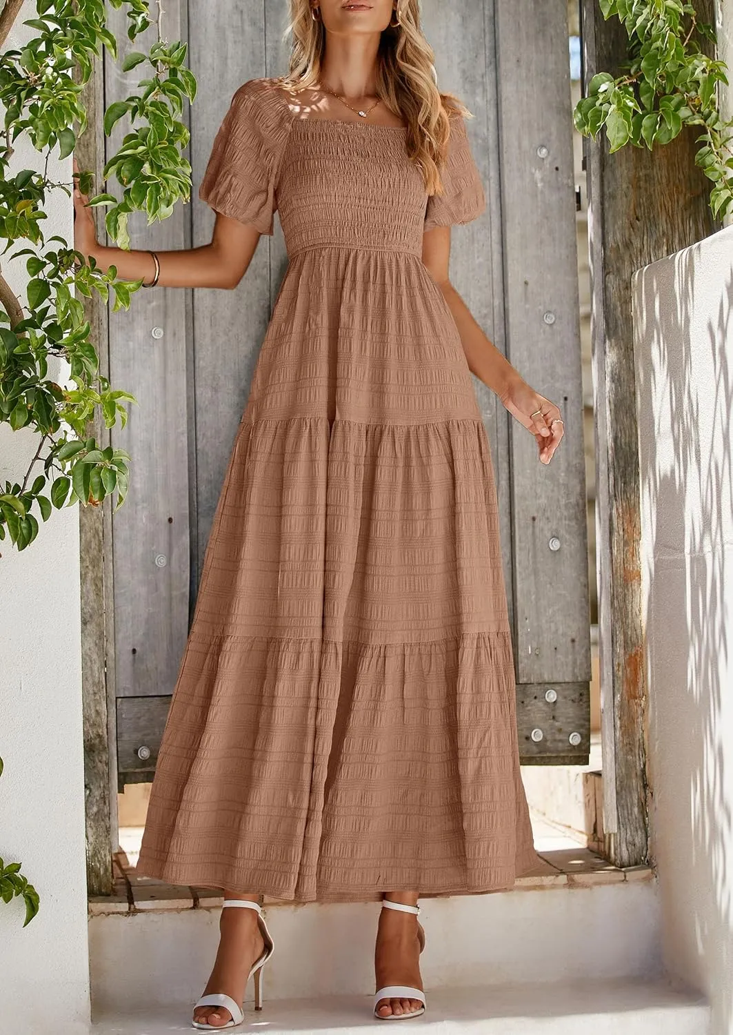 PRETTYGARDEN Womens Summer Puff Short Sleeve Maxi Dress Square Neck Smocked Tiered Ruffle A Line Long Flowy Beach Dresses