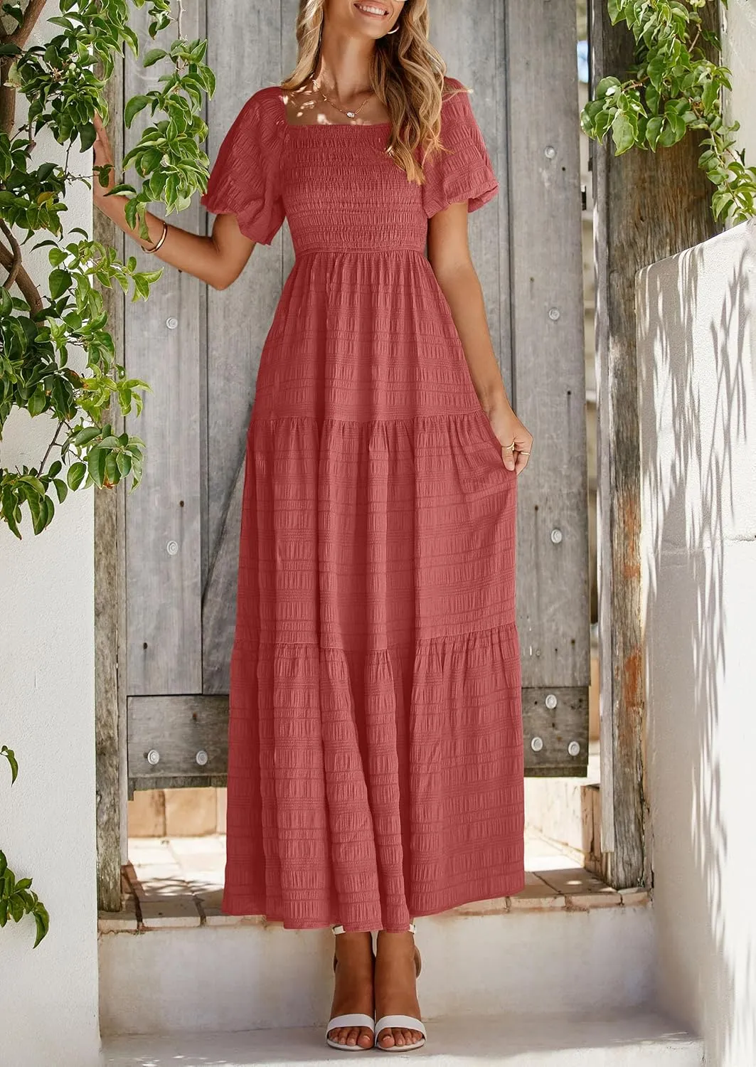 PRETTYGARDEN Womens Summer Puff Short Sleeve Maxi Dress Square Neck Smocked Tiered Ruffle A Line Long Flowy Beach Dresses
