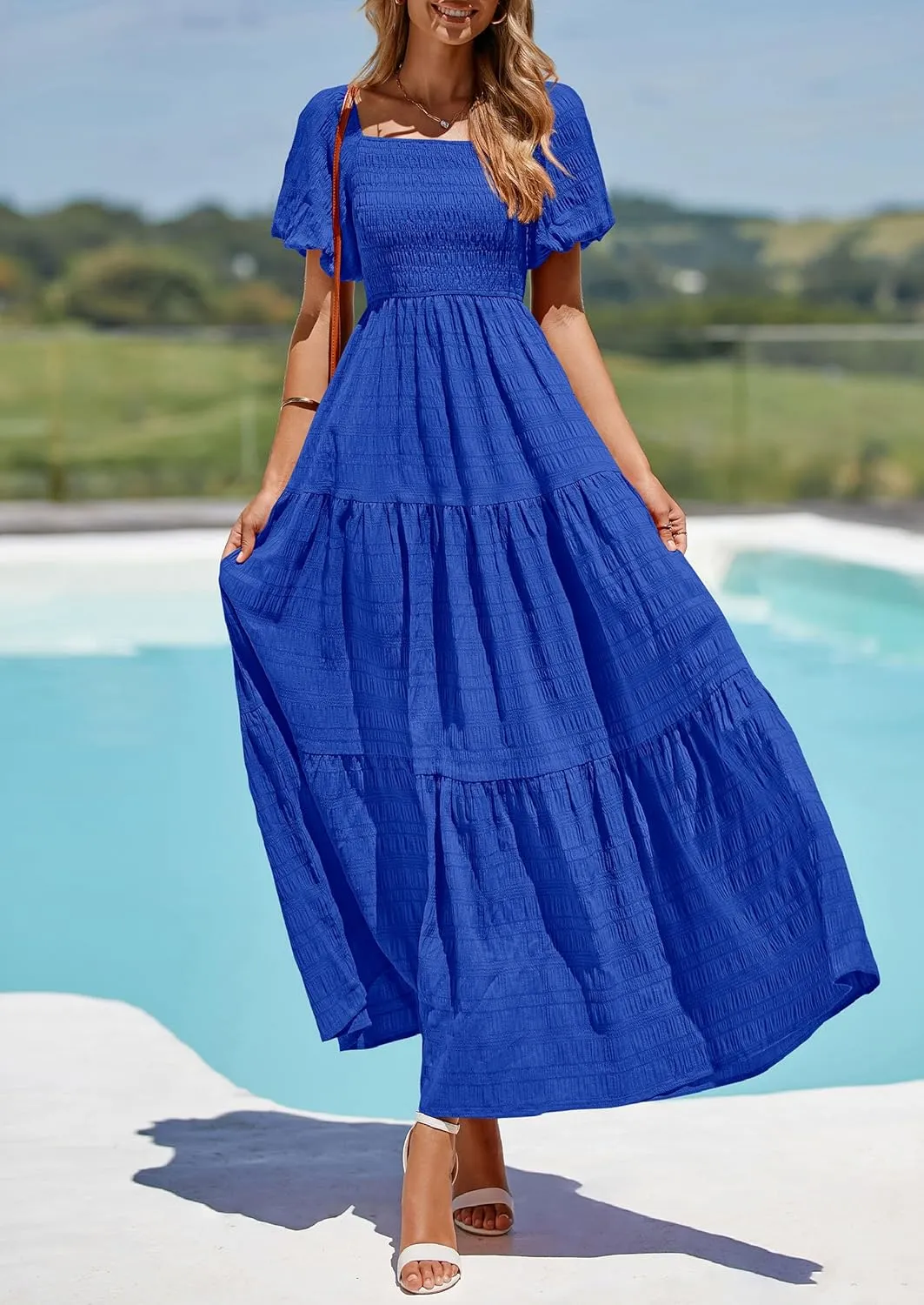 PRETTYGARDEN Womens Summer Puff Short Sleeve Maxi Dress Square Neck Smocked Tiered Ruffle A Line Long Flowy Beach Dresses