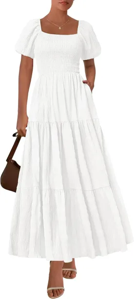 PRETTYGARDEN Womens Summer Puff Short Sleeve Maxi Dress Square Neck Smocked Tiered Ruffle A Line Long Flowy Beach Dresses