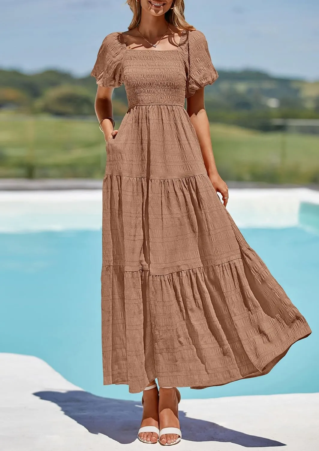 PRETTYGARDEN Womens Summer Puff Short Sleeve Maxi Dress Square Neck Smocked Tiered Ruffle A Line Long Flowy Beach Dresses