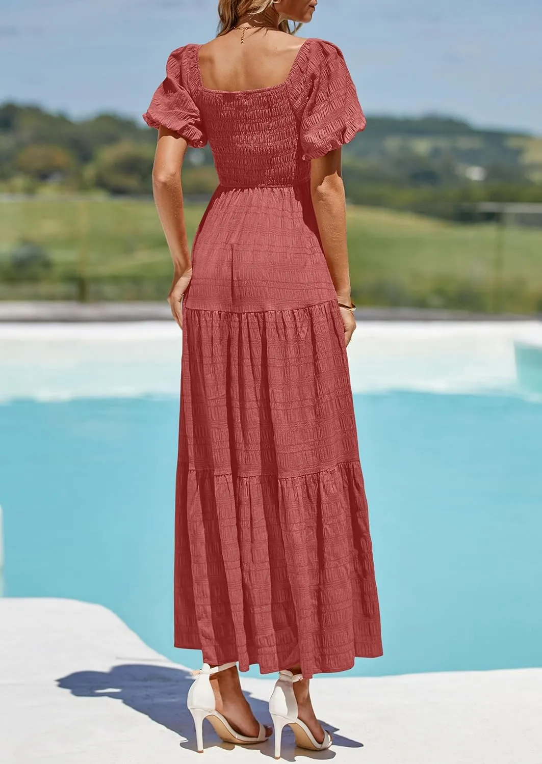 PRETTYGARDEN Womens Summer Puff Short Sleeve Maxi Dress Square Neck Smocked Tiered Ruffle A Line Long Flowy Beach Dresses
