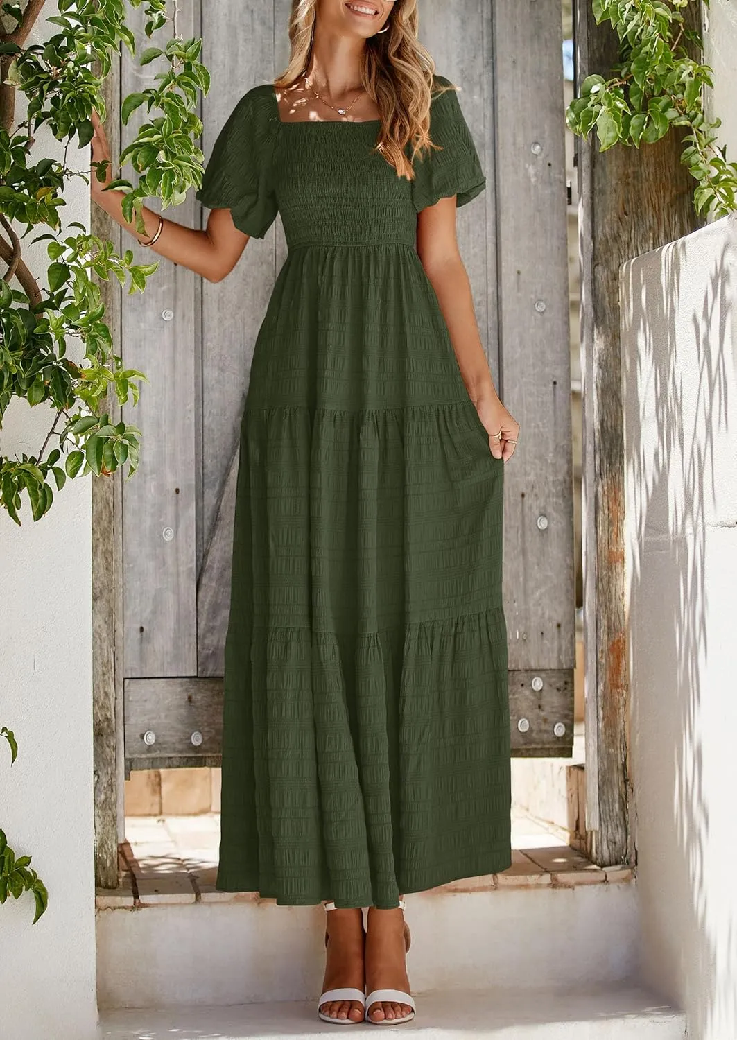 PRETTYGARDEN Womens Summer Puff Short Sleeve Maxi Dress Square Neck Smocked Tiered Ruffle A Line Long Flowy Beach Dresses