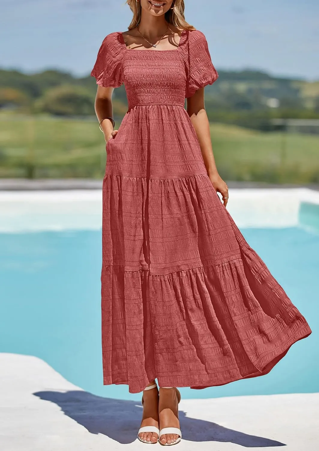 PRETTYGARDEN Womens Summer Puff Short Sleeve Maxi Dress Square Neck Smocked Tiered Ruffle A Line Long Flowy Beach Dresses