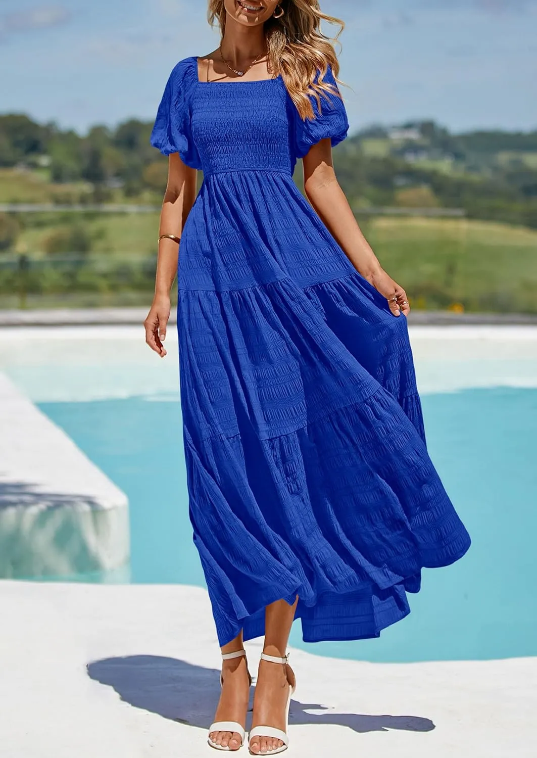 PRETTYGARDEN Womens Summer Puff Short Sleeve Maxi Dress Square Neck Smocked Tiered Ruffle A Line Long Flowy Beach Dresses