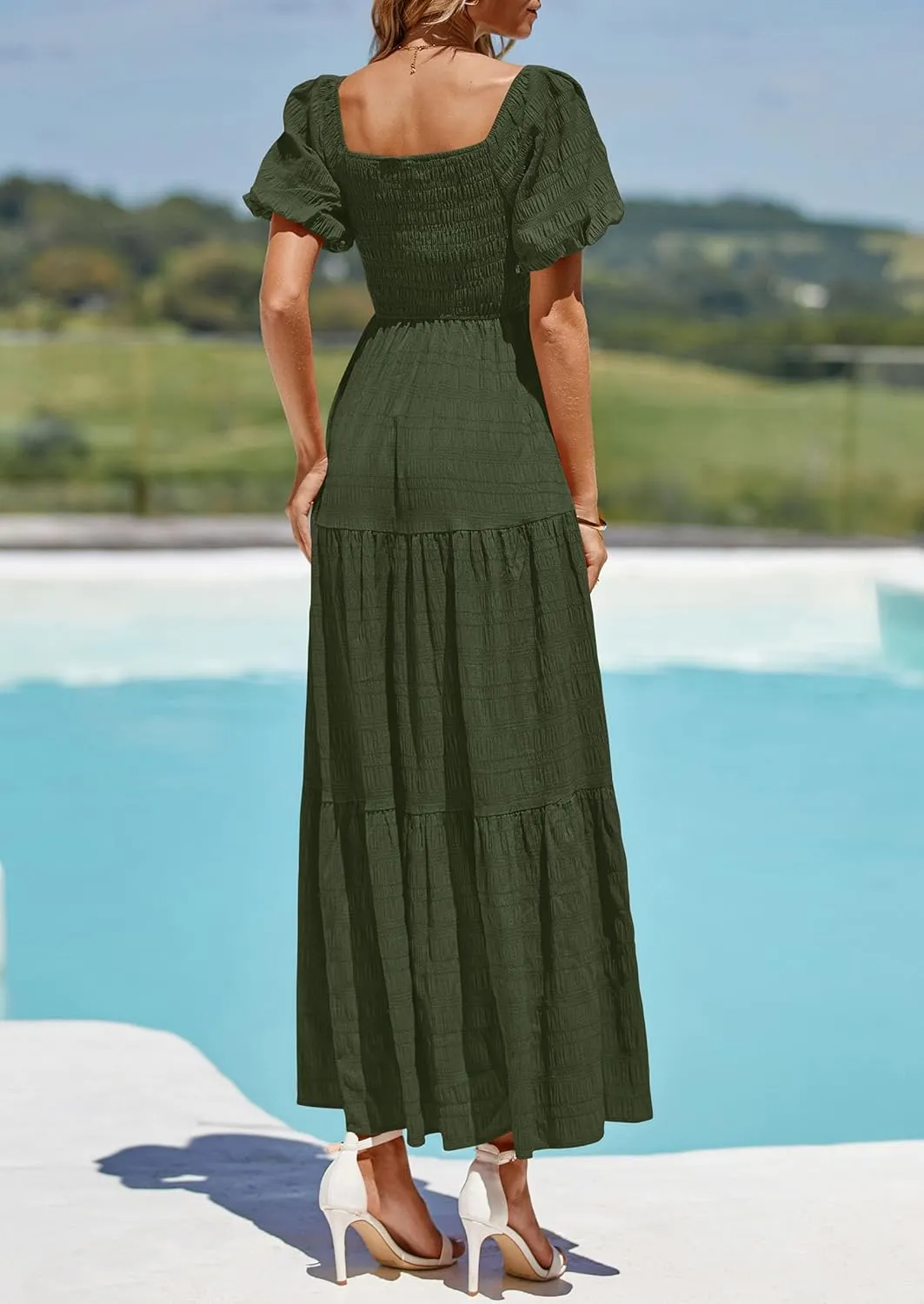 PRETTYGARDEN Womens Summer Puff Short Sleeve Maxi Dress Square Neck Smocked Tiered Ruffle A Line Long Flowy Beach Dresses