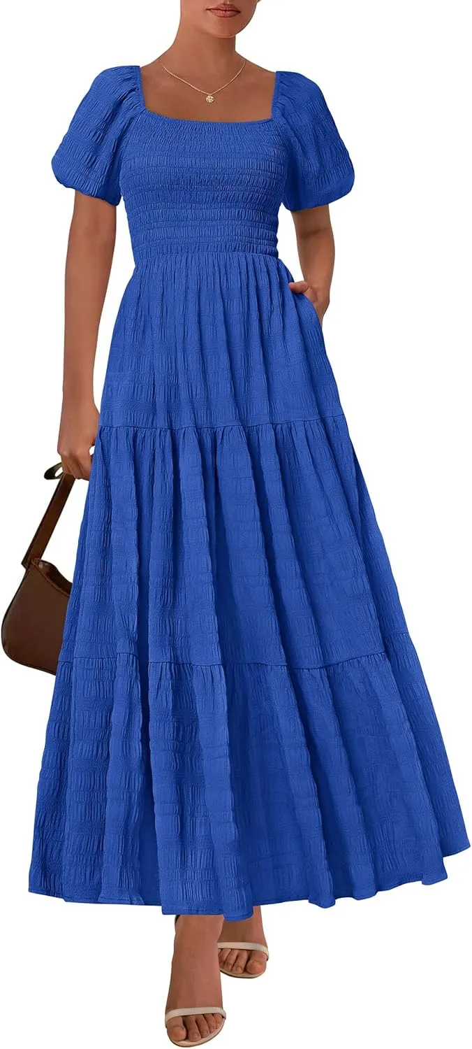 PRETTYGARDEN Womens Summer Puff Short Sleeve Maxi Dress Square Neck Smocked Tiered Ruffle A Line Long Flowy Beach Dresses