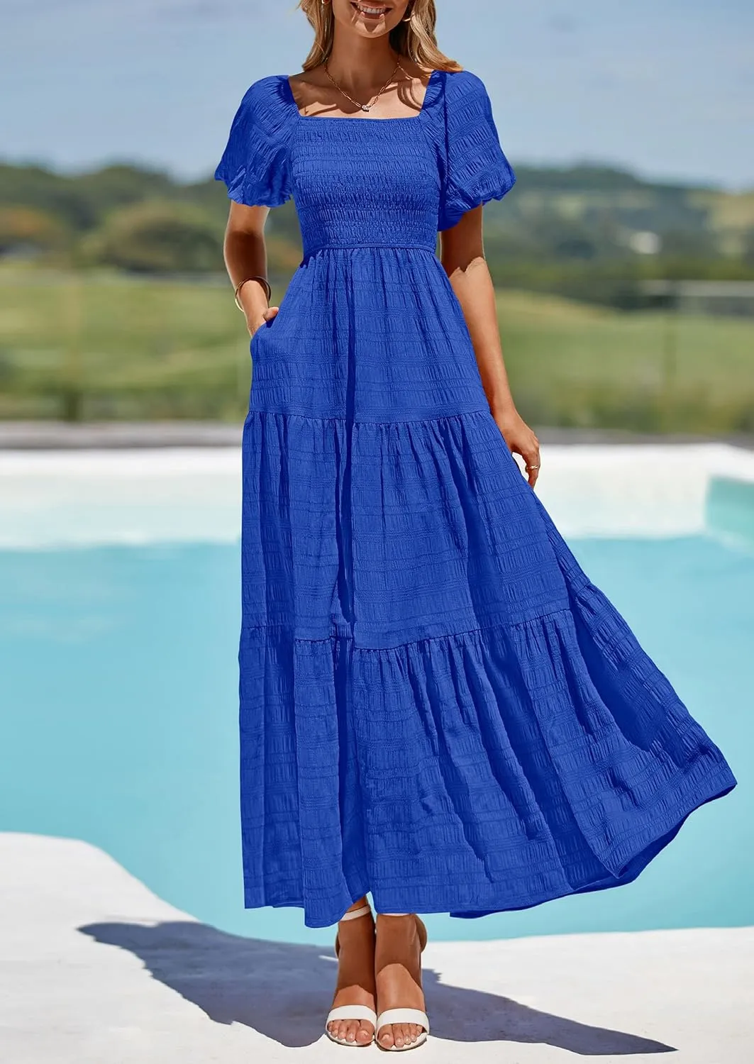 PRETTYGARDEN Womens Summer Puff Short Sleeve Maxi Dress Square Neck Smocked Tiered Ruffle A Line Long Flowy Beach Dresses