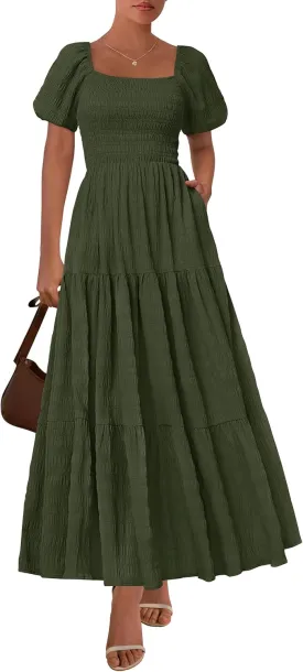 PRETTYGARDEN Womens Summer Puff Short Sleeve Maxi Dress Square Neck Smocked Tiered Ruffle A Line Long Flowy Beach Dresses