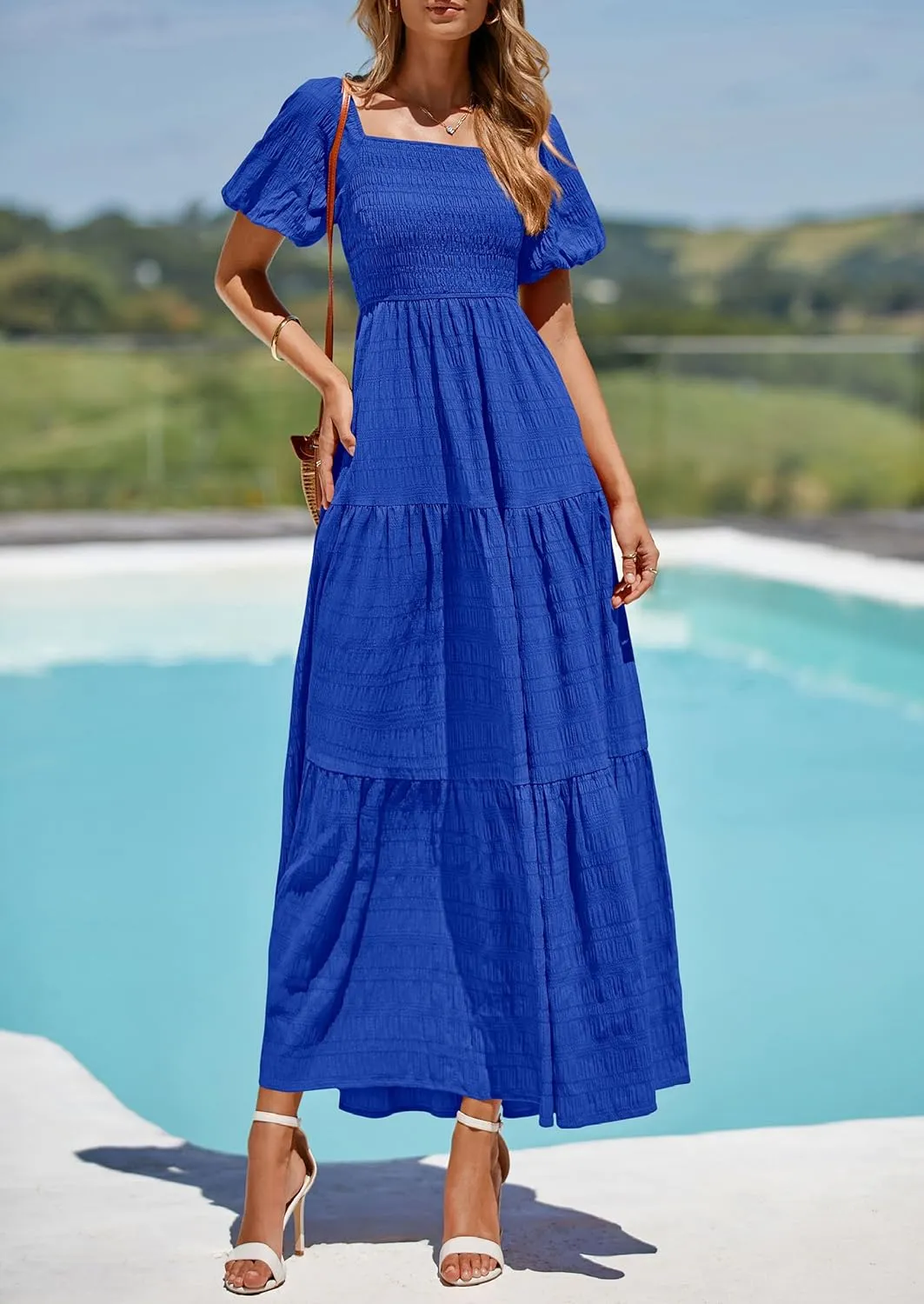 PRETTYGARDEN Womens Summer Puff Short Sleeve Maxi Dress Square Neck Smocked Tiered Ruffle A Line Long Flowy Beach Dresses