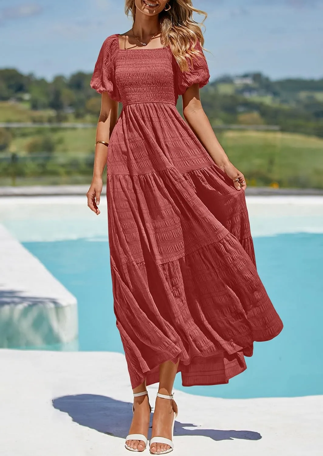 PRETTYGARDEN Womens Summer Puff Short Sleeve Maxi Dress Square Neck Smocked Tiered Ruffle A Line Long Flowy Beach Dresses