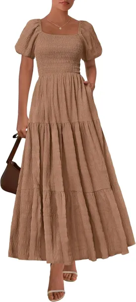 PRETTYGARDEN Womens Summer Puff Short Sleeve Maxi Dress Square Neck Smocked Tiered Ruffle A Line Long Flowy Beach Dresses