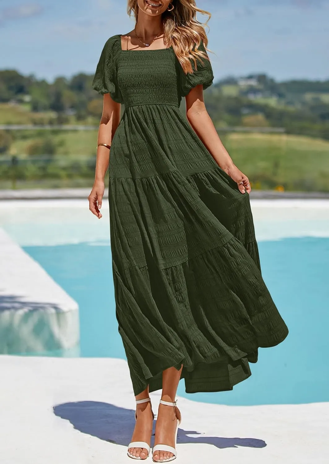 PRETTYGARDEN Womens Summer Puff Short Sleeve Maxi Dress Square Neck Smocked Tiered Ruffle A Line Long Flowy Beach Dresses