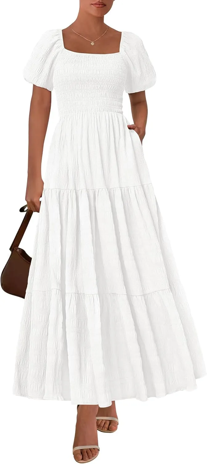 PRETTYGARDEN Womens Summer Puff Short Sleeve Maxi Dress Square Neck Smocked Tiered Ruffle A Line Long Flowy Beach Dresses