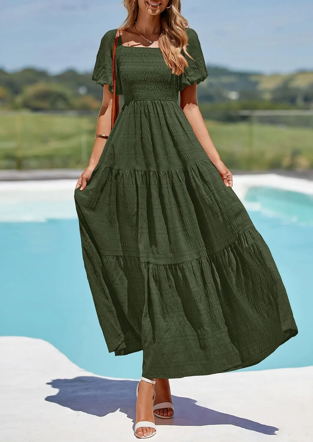 PRETTYGARDEN Womens Summer Puff Short Sleeve Maxi Dress Square Neck Smocked Tiered Ruffle A Line Long Flowy Beach Dresses