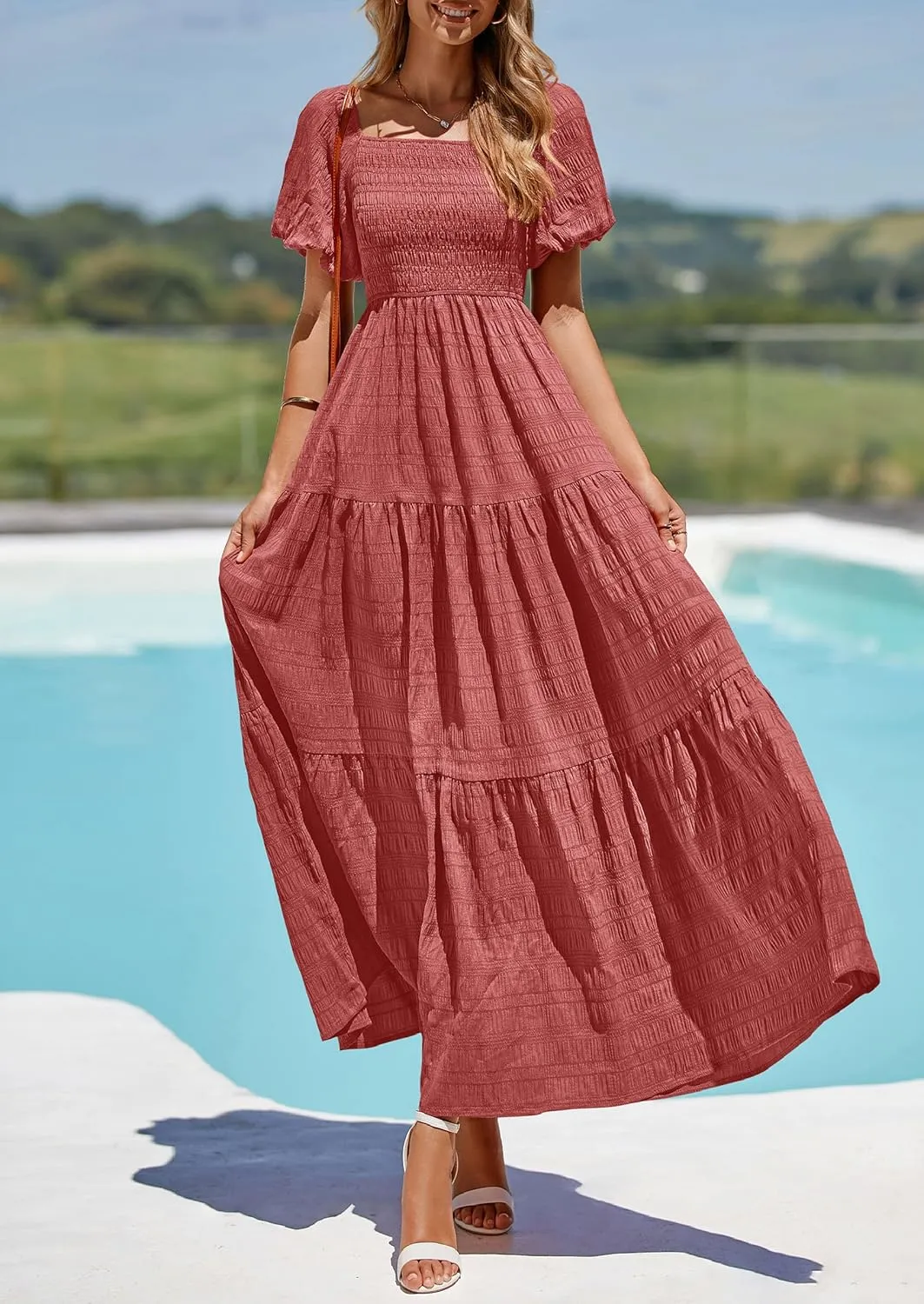 PRETTYGARDEN Womens Summer Puff Short Sleeve Maxi Dress Square Neck Smocked Tiered Ruffle A Line Long Flowy Beach Dresses