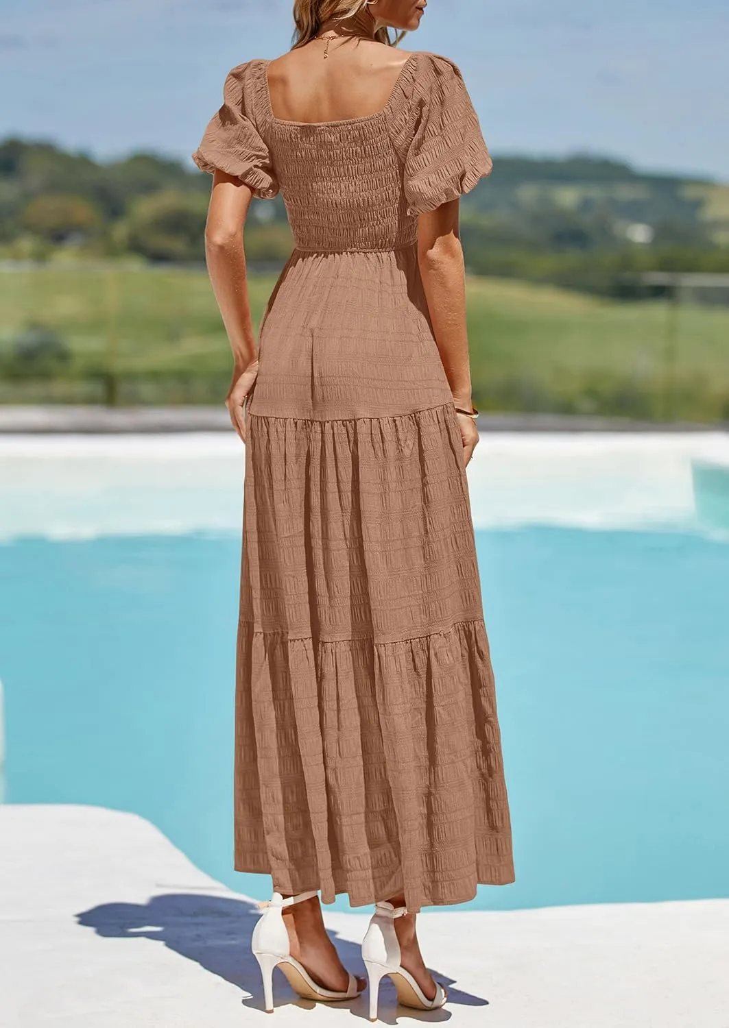 PRETTYGARDEN Womens Summer Puff Short Sleeve Maxi Dress Square Neck Smocked Tiered Ruffle A Line Long Flowy Beach Dresses