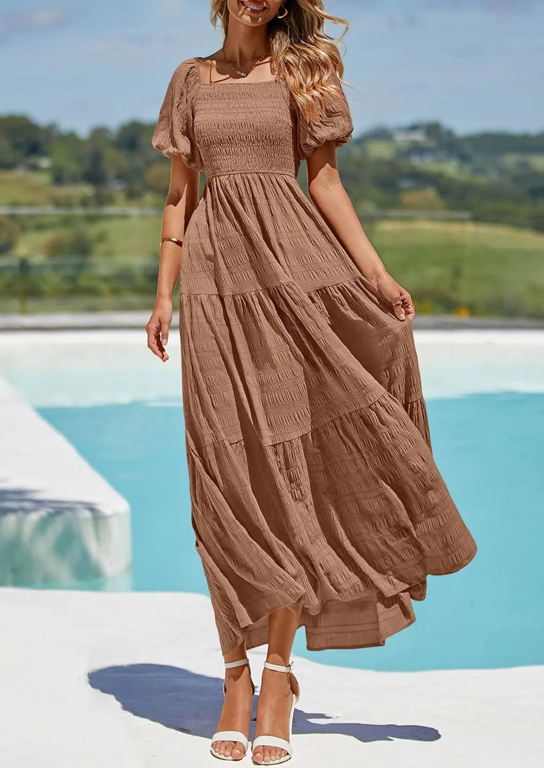 PRETTYGARDEN Womens Summer Puff Short Sleeve Maxi Dress Square Neck Smocked Tiered Ruffle A Line Long Flowy Beach Dresses