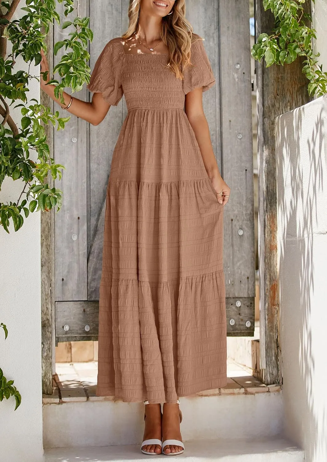 PRETTYGARDEN Womens Summer Puff Short Sleeve Maxi Dress Square Neck Smocked Tiered Ruffle A Line Long Flowy Beach Dresses