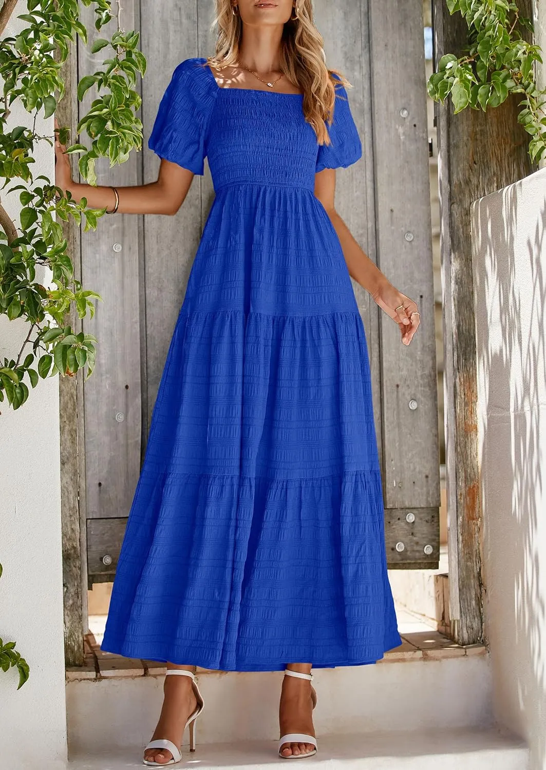 PRETTYGARDEN Womens Summer Puff Short Sleeve Maxi Dress Square Neck Smocked Tiered Ruffle A Line Long Flowy Beach Dresses
