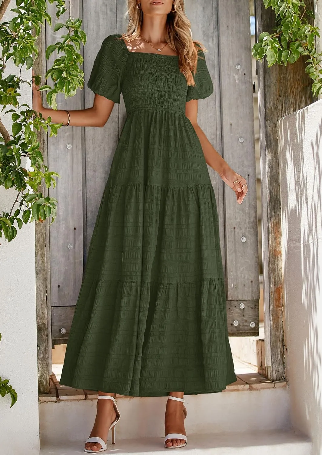 PRETTYGARDEN Womens Summer Puff Short Sleeve Maxi Dress Square Neck Smocked Tiered Ruffle A Line Long Flowy Beach Dresses