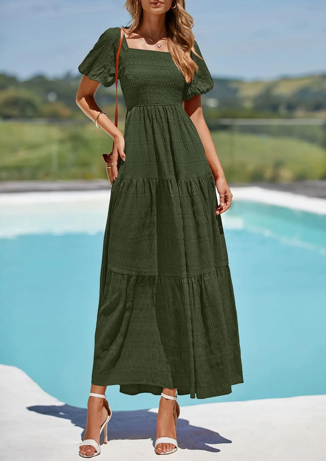 PRETTYGARDEN Womens Summer Puff Short Sleeve Maxi Dress Square Neck Smocked Tiered Ruffle A Line Long Flowy Beach Dresses