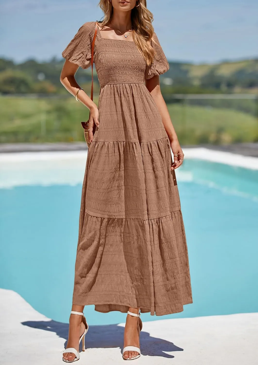 PRETTYGARDEN Womens Summer Puff Short Sleeve Maxi Dress Square Neck Smocked Tiered Ruffle A Line Long Flowy Beach Dresses