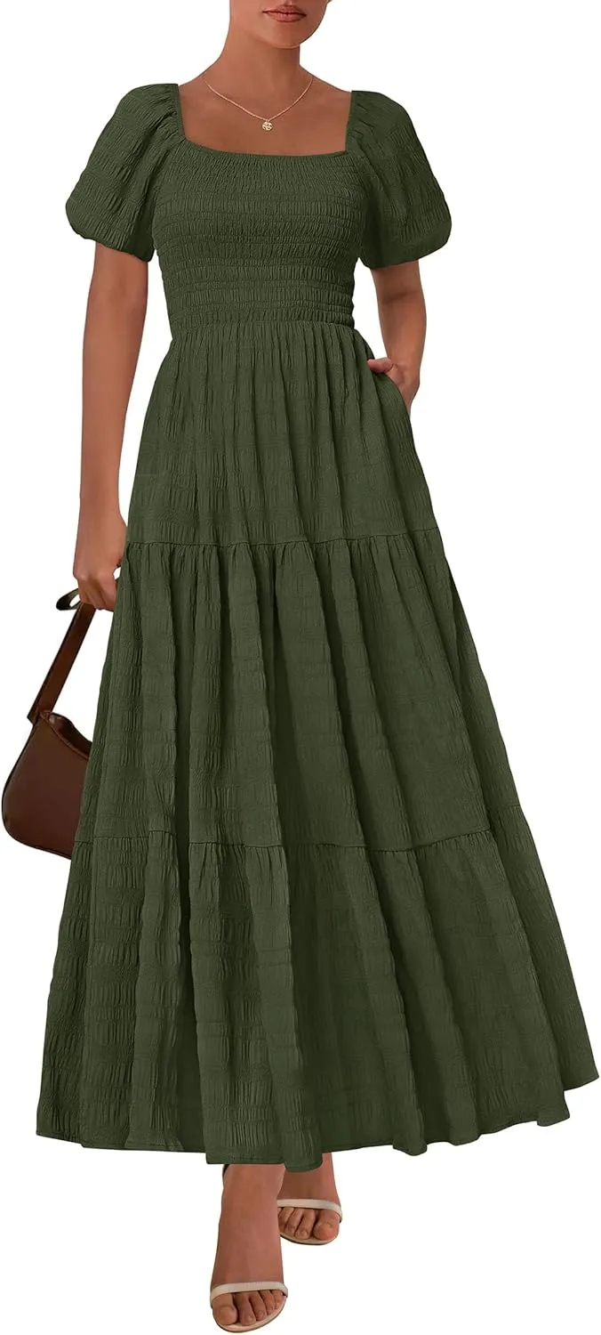 PRETTYGARDEN Womens Summer Puff Short Sleeve Maxi Dress Square Neck Smocked Tiered Ruffle A Line Long Flowy Beach Dresses