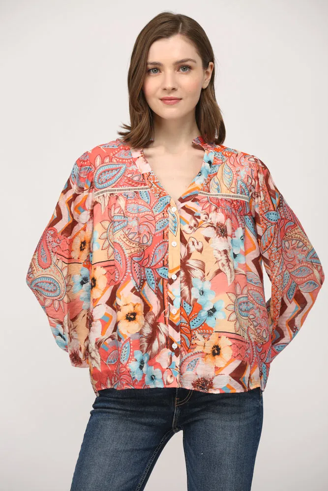 Printed Tencel Blend Lace Insert Blouse