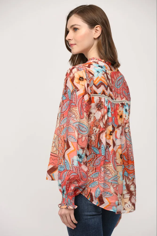 Printed Tencel Blend Lace Insert Blouse