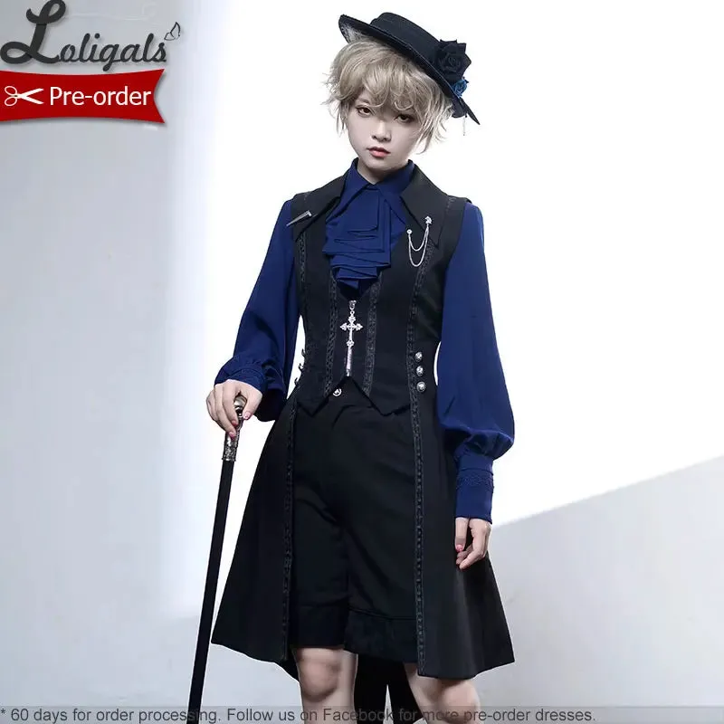 Retro Lolita Shirt Vintage Medieval Long Bishop Sleeve Prince Blouse w. Ruffled Bow-tie by Princess Chronicles ~ Black & Blue