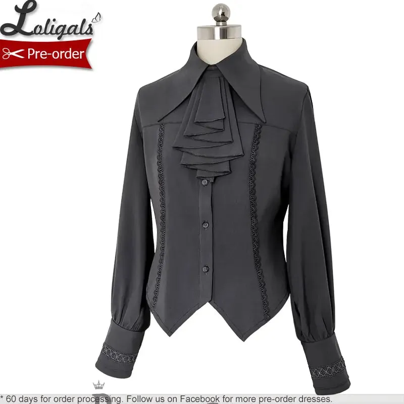 Retro Lolita Shirt Vintage Medieval Long Bishop Sleeve Prince Blouse w. Ruffled Bow-tie by Princess Chronicles ~ Black & Blue