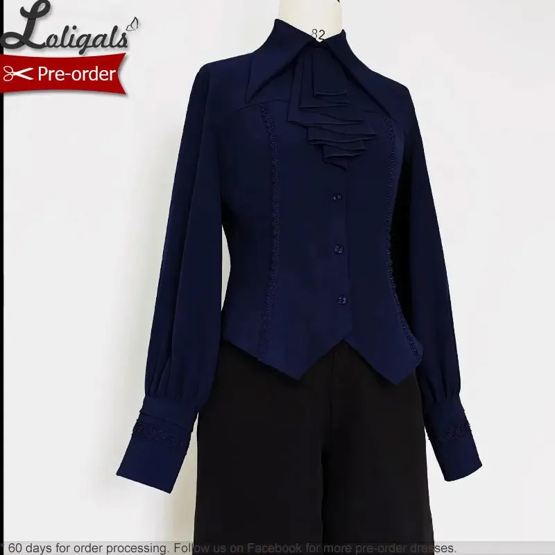 Retro Lolita Shirt Vintage Medieval Long Bishop Sleeve Prince Blouse w. Ruffled Bow-tie by Princess Chronicles ~ Black & Blue