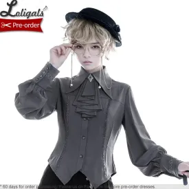 Retro Lolita Shirt Vintage Medieval Long Bishop Sleeve Prince Blouse w. Ruffled Bow-tie by Princess Chronicles ~ Black & Blue