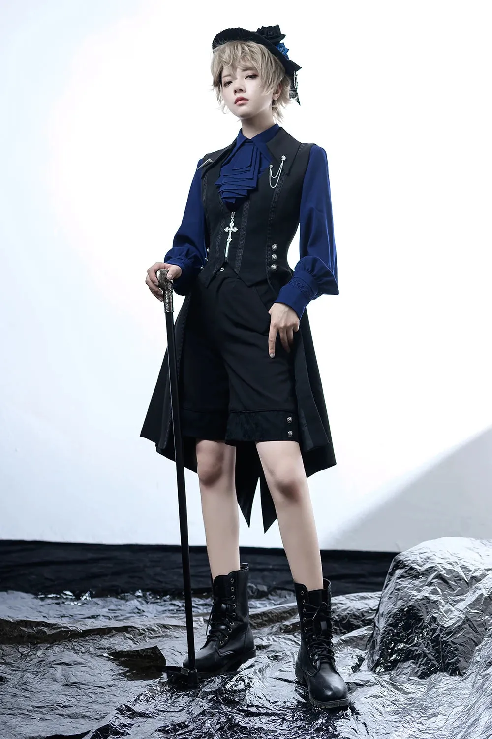 Retro Lolita Shirt Vintage Medieval Long Bishop Sleeve Prince Blouse w. Ruffled Bow-tie by Princess Chronicles ~ Black & Blue