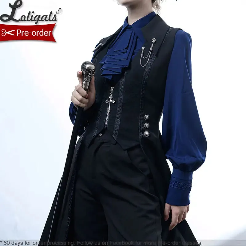 Retro Lolita Shirt Vintage Medieval Long Bishop Sleeve Prince Blouse w. Ruffled Bow-tie by Princess Chronicles ~ Black & Blue