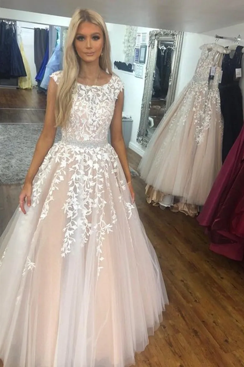 Round Neck Cap Sleeves White Lace Champagne Long Prom Dress, Cap Sleeves Lace Champagne Formal Dress, Champagne Lace Evening Dress