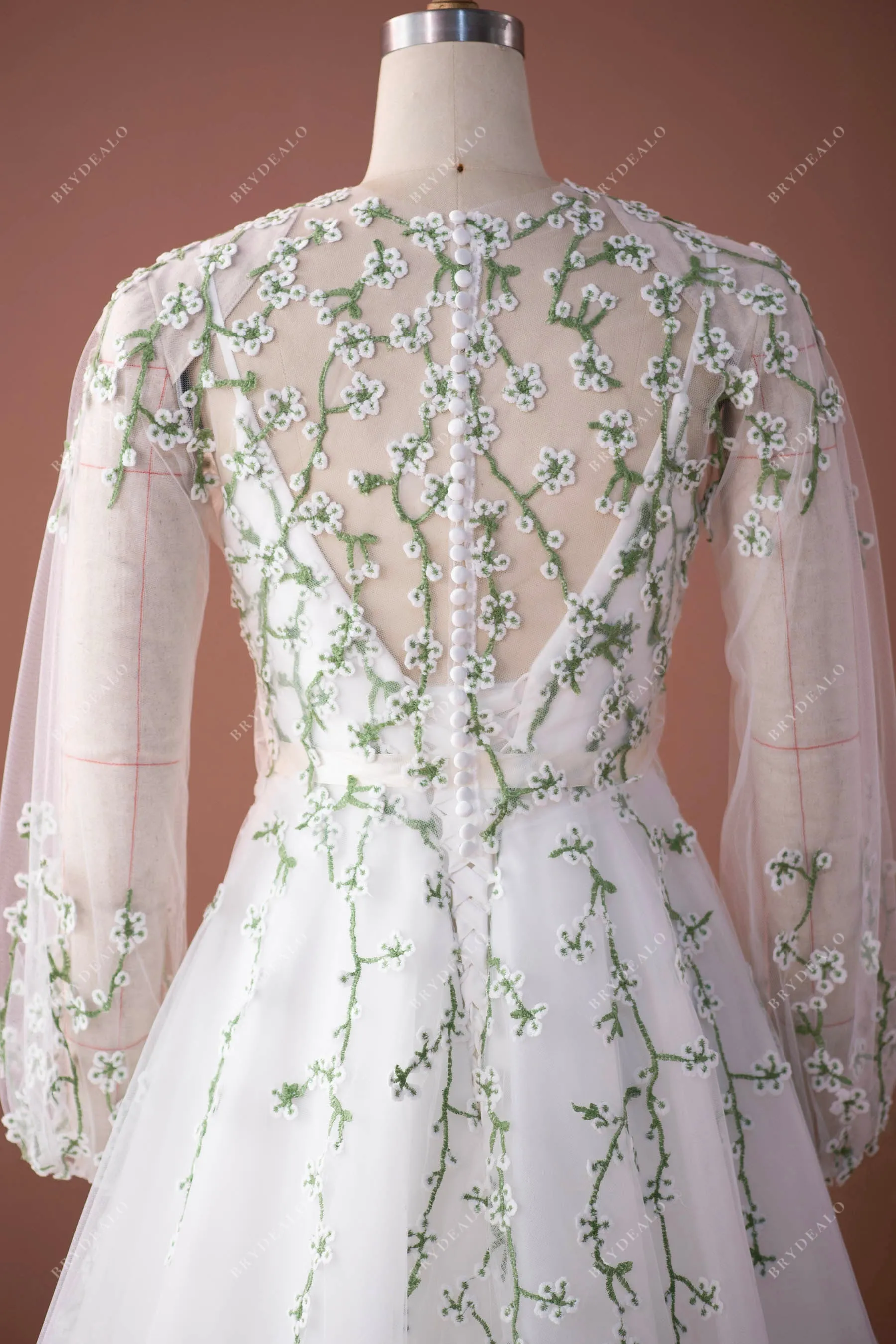 Rustic Flower Lace Bubble Sleeve Blouse Ball Gown Wedding Dress