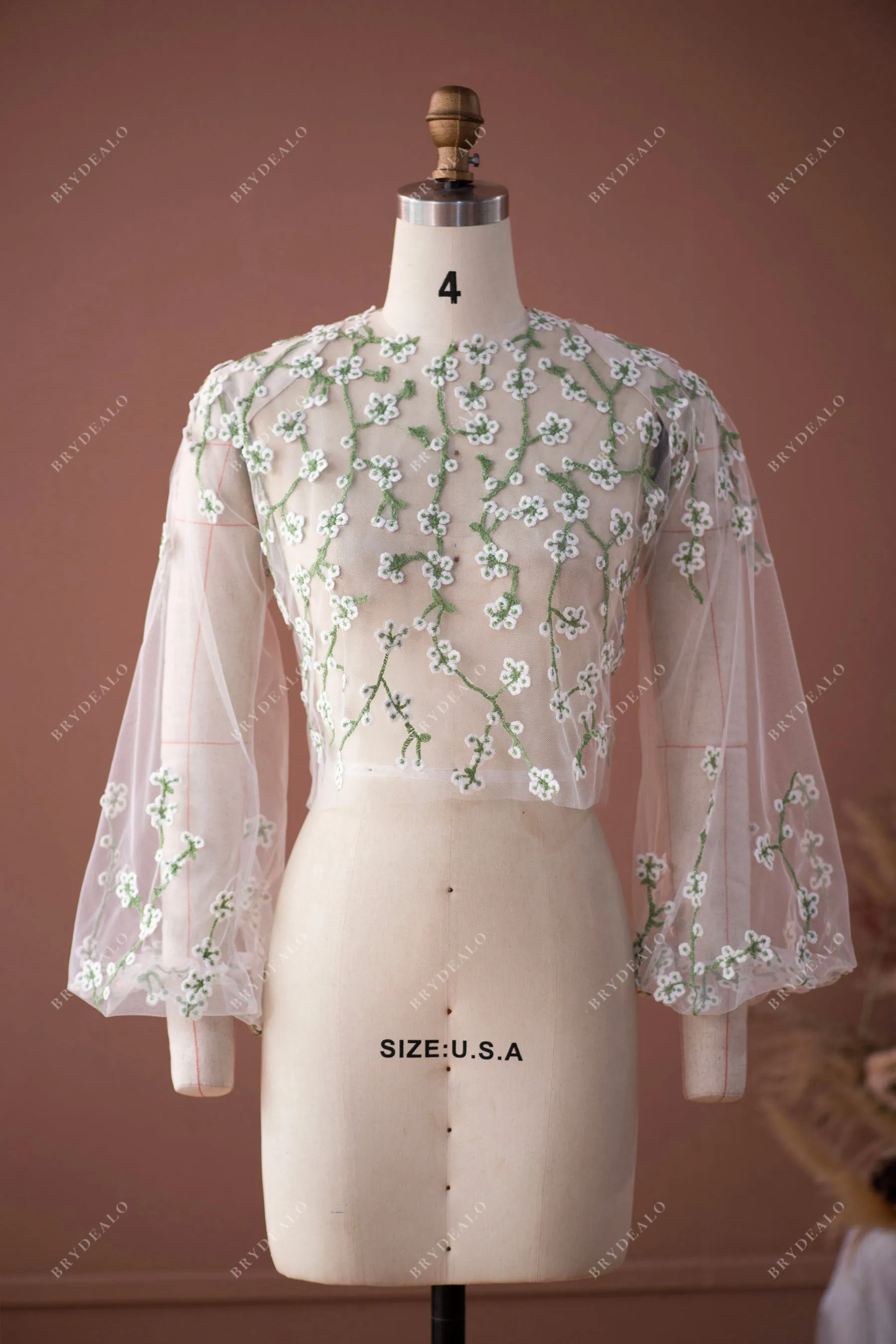 Rustic Flower Lace Bubble Sleeve Blouse Ball Gown Wedding Dress
