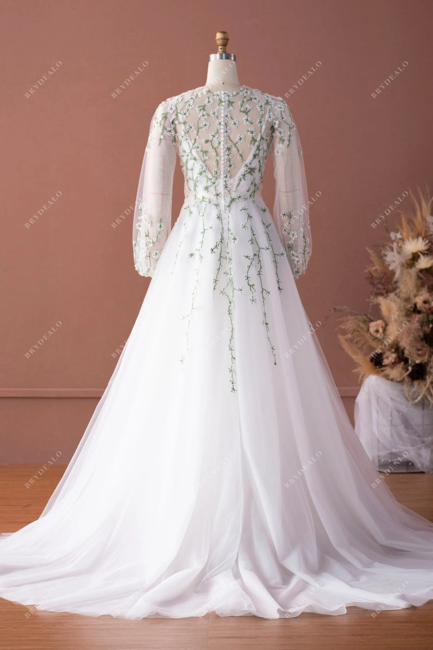 Rustic Flower Lace Bubble Sleeve Blouse Ball Gown Wedding Dress