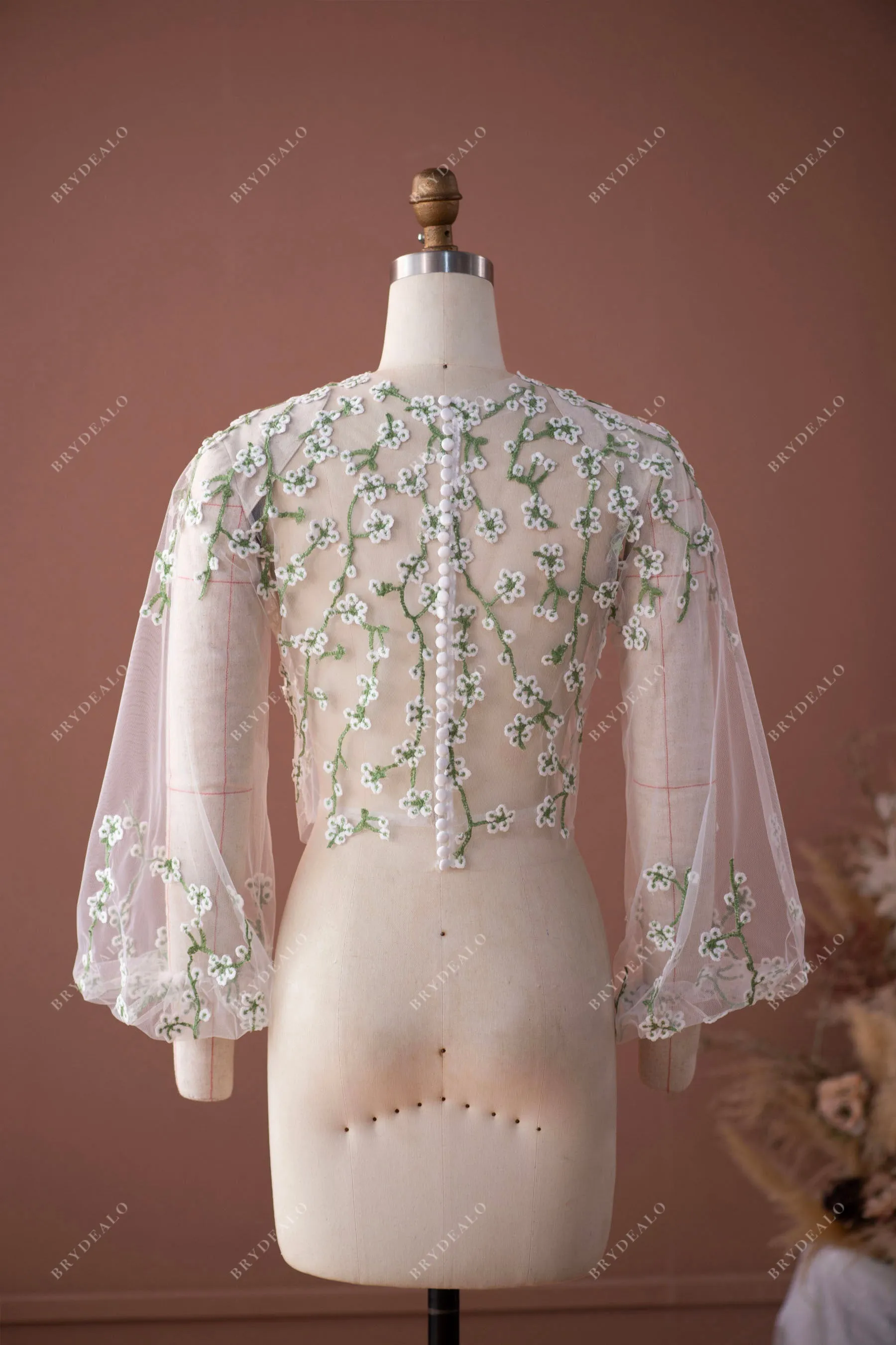 Rustic Flower Lace Bubble Sleeve Blouse Ball Gown Wedding Dress