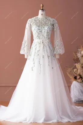 Rustic Flower Lace Bubble Sleeve Blouse Ball Gown Wedding Dress