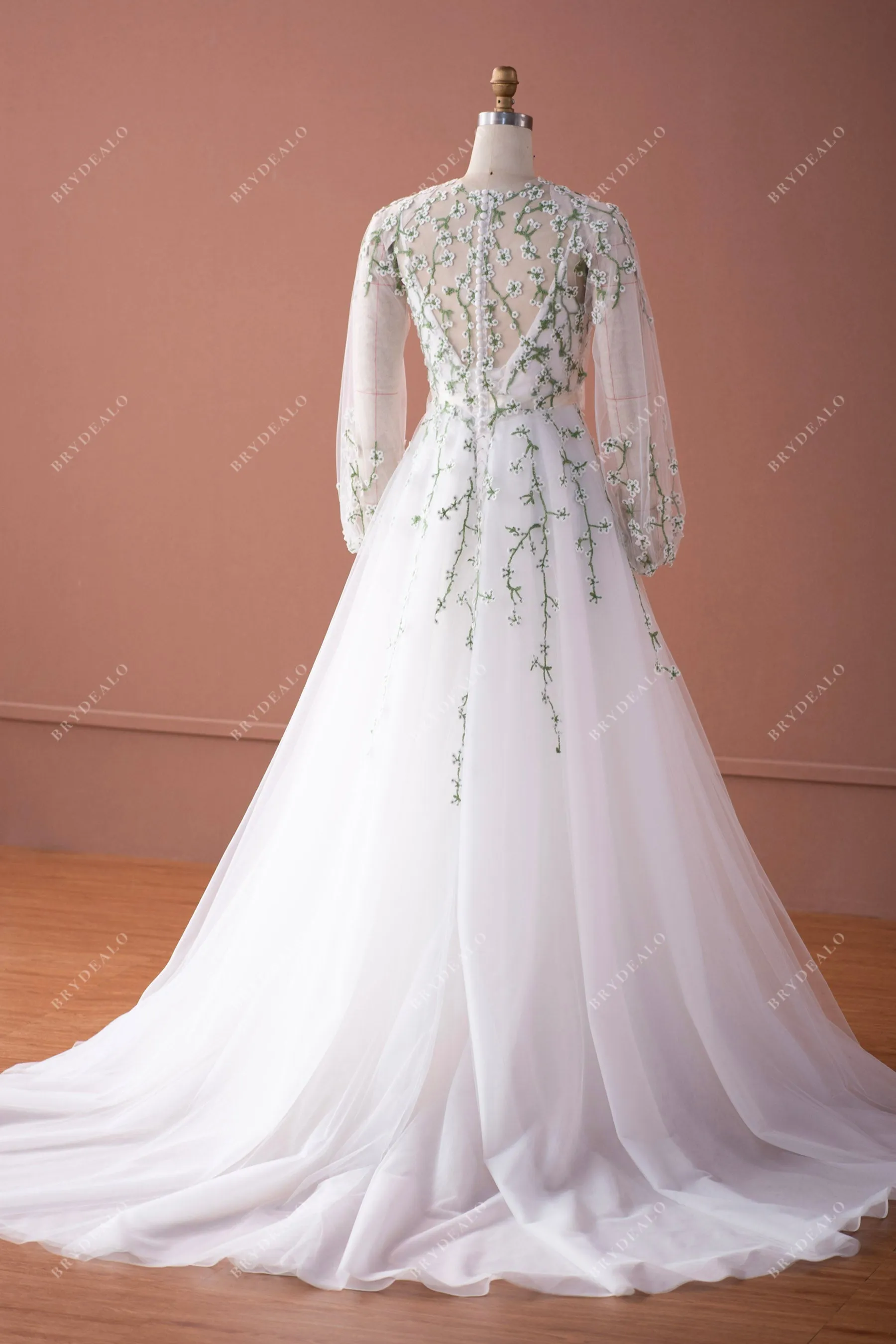 Rustic Flower Lace Bubble Sleeve Blouse Ball Gown Wedding Dress
