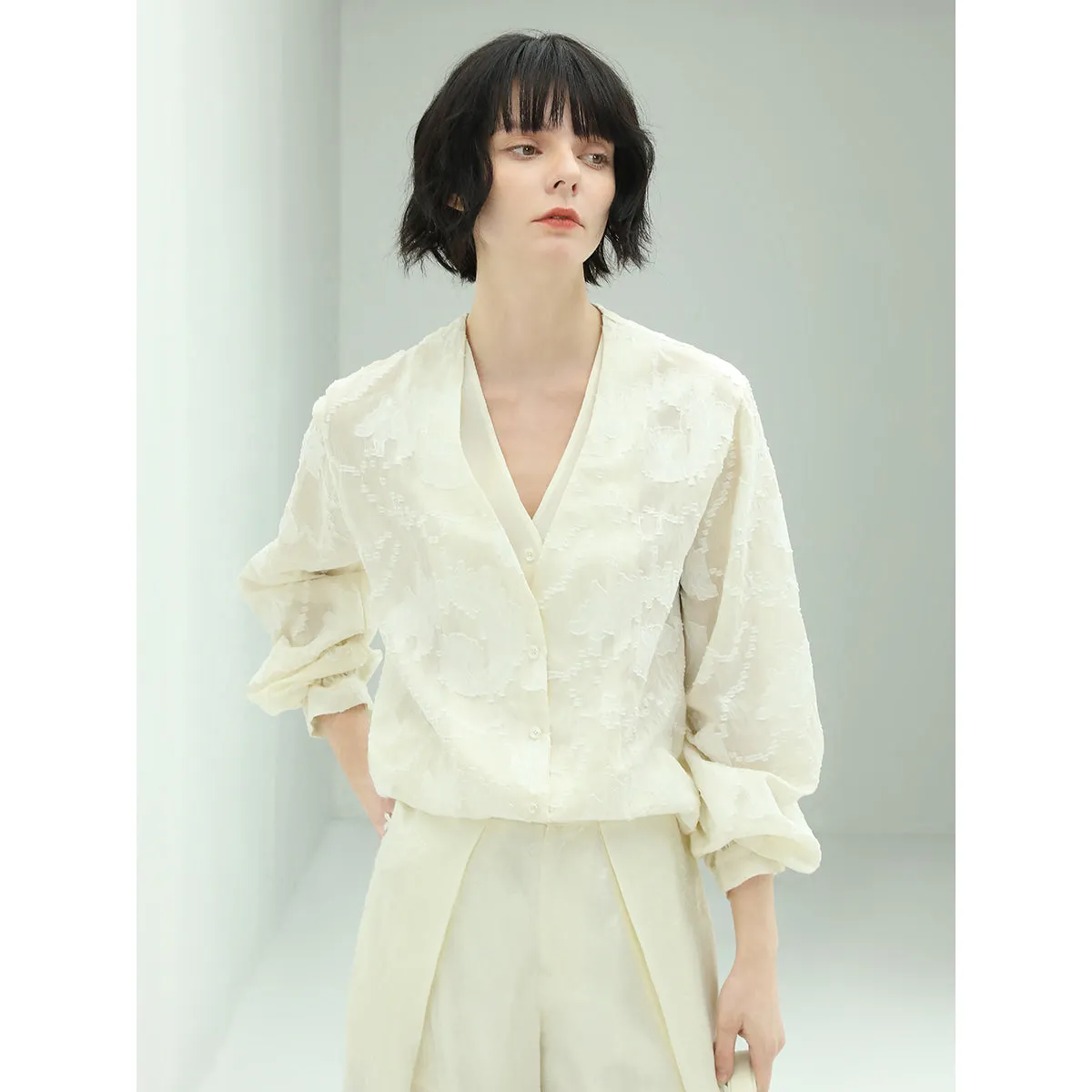 Sheer Floral Ivory Lace Long Sleeve Shirt