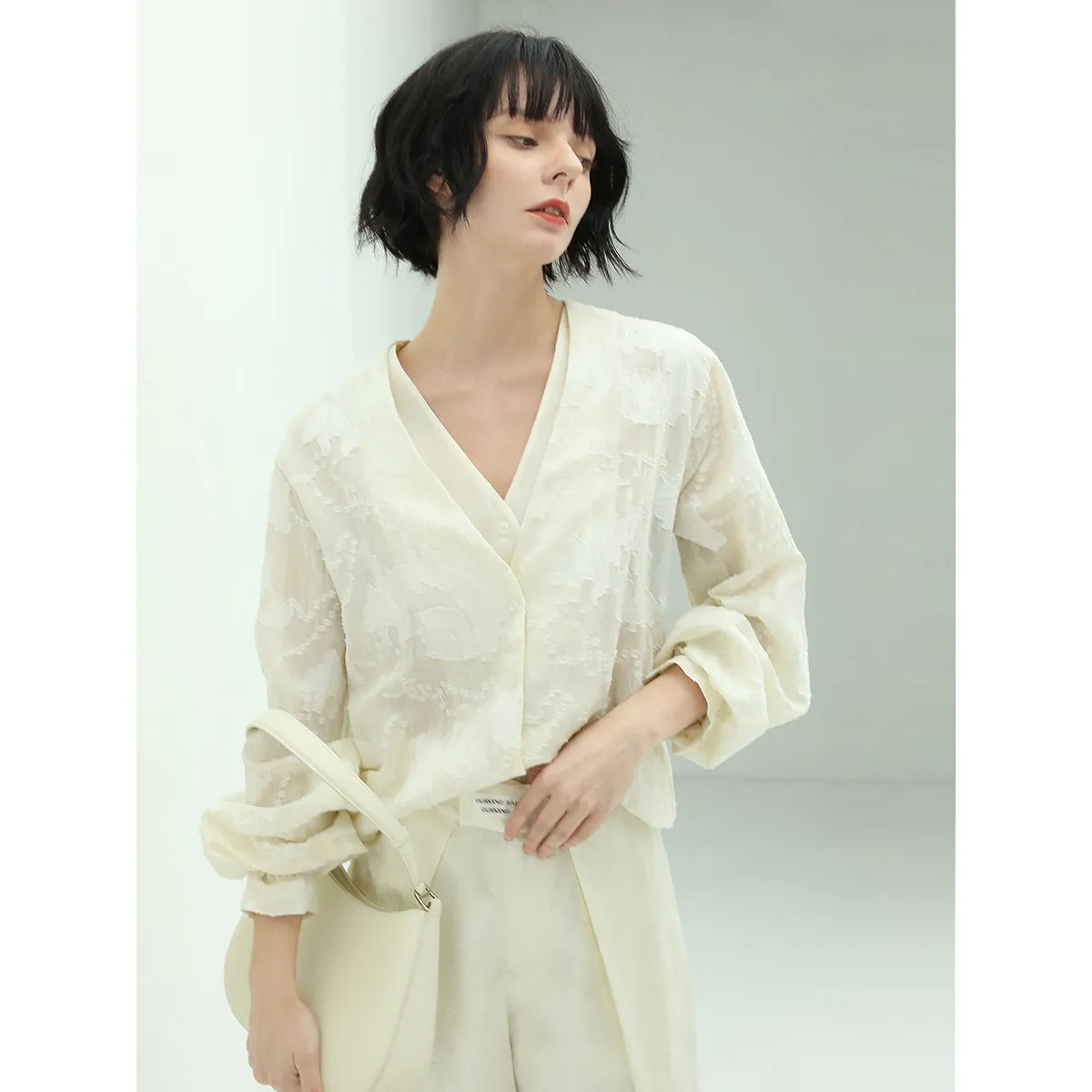 Sheer Floral Ivory Lace Long Sleeve Shirt