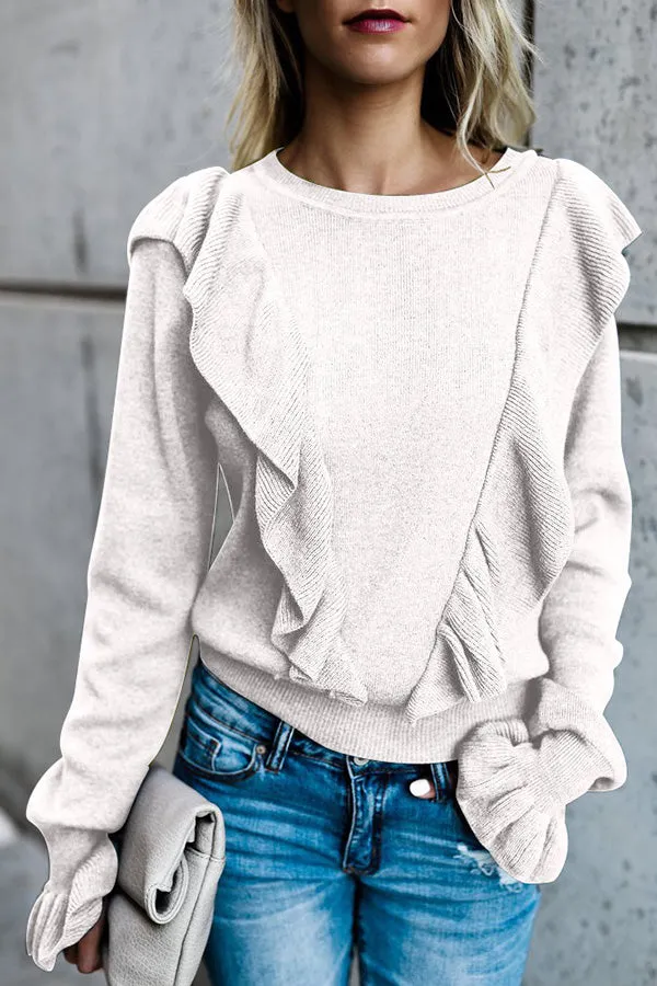 Solid Color Ruffled Round Neck Blouse